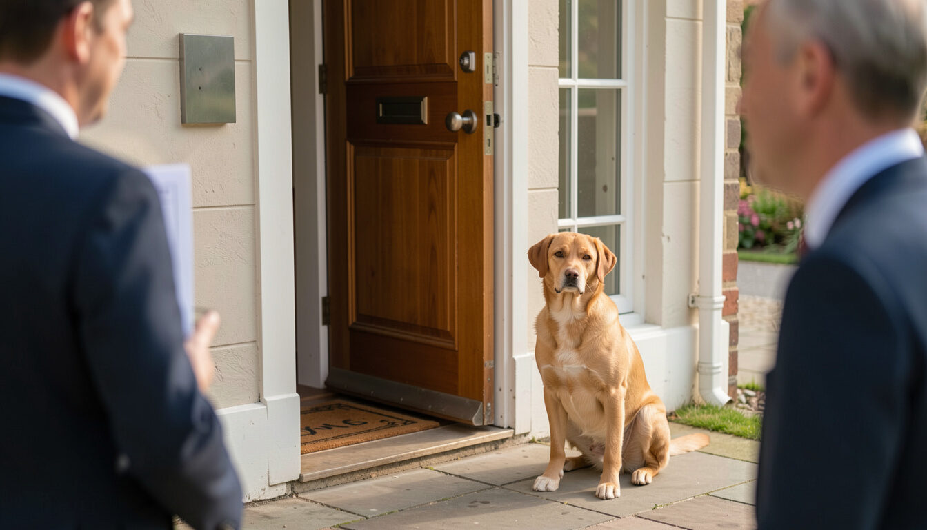 A dog sitting calmly near an open front door as guests enter with faces out of frame.
