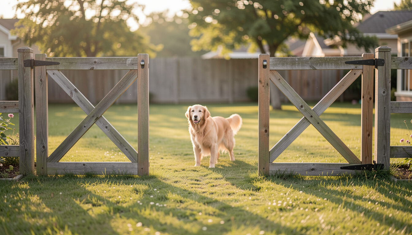 An open wooden backyard gate with a golden dog waiting on the lawn behind the threshold in daylight.