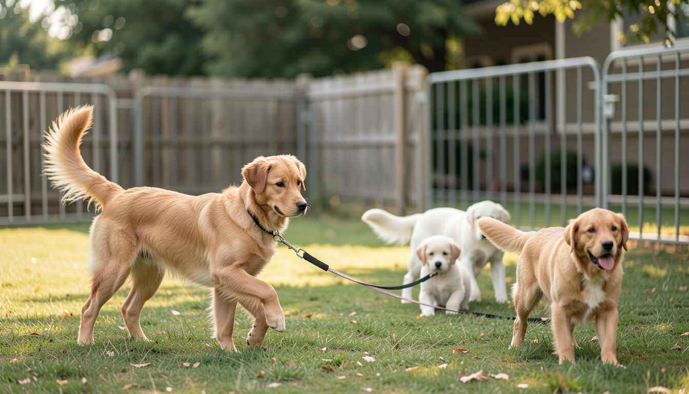 Three dogs walking together on a mown lawn beside a wooden fence and a metal gate in soft daylight.