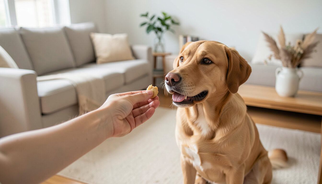 A forearm seen from behind offering a small treat to a sitting dog in a tidy sunlit living room.